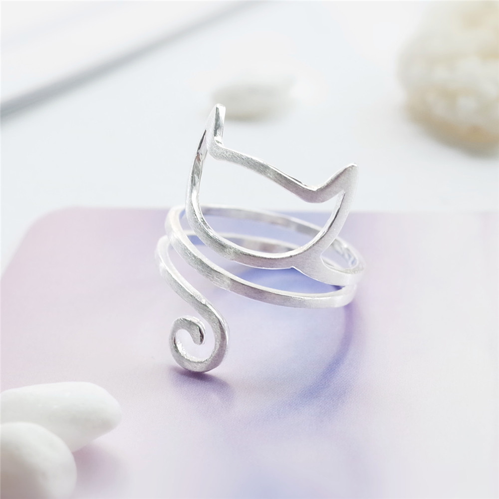 S925 Silver Winding Brushed Cute Cat Ring - Image 3