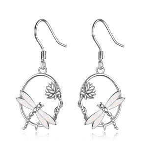 S925 Sterling Silver Dragonfly Opal Dangle Drop Earring Jewelry