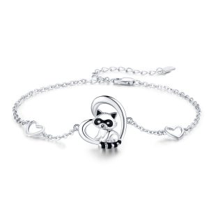 925 Sterling Silver Heart Charm Raccoon Bracelet Animal Jewelry Gifts For Women Girls Teen NO10
