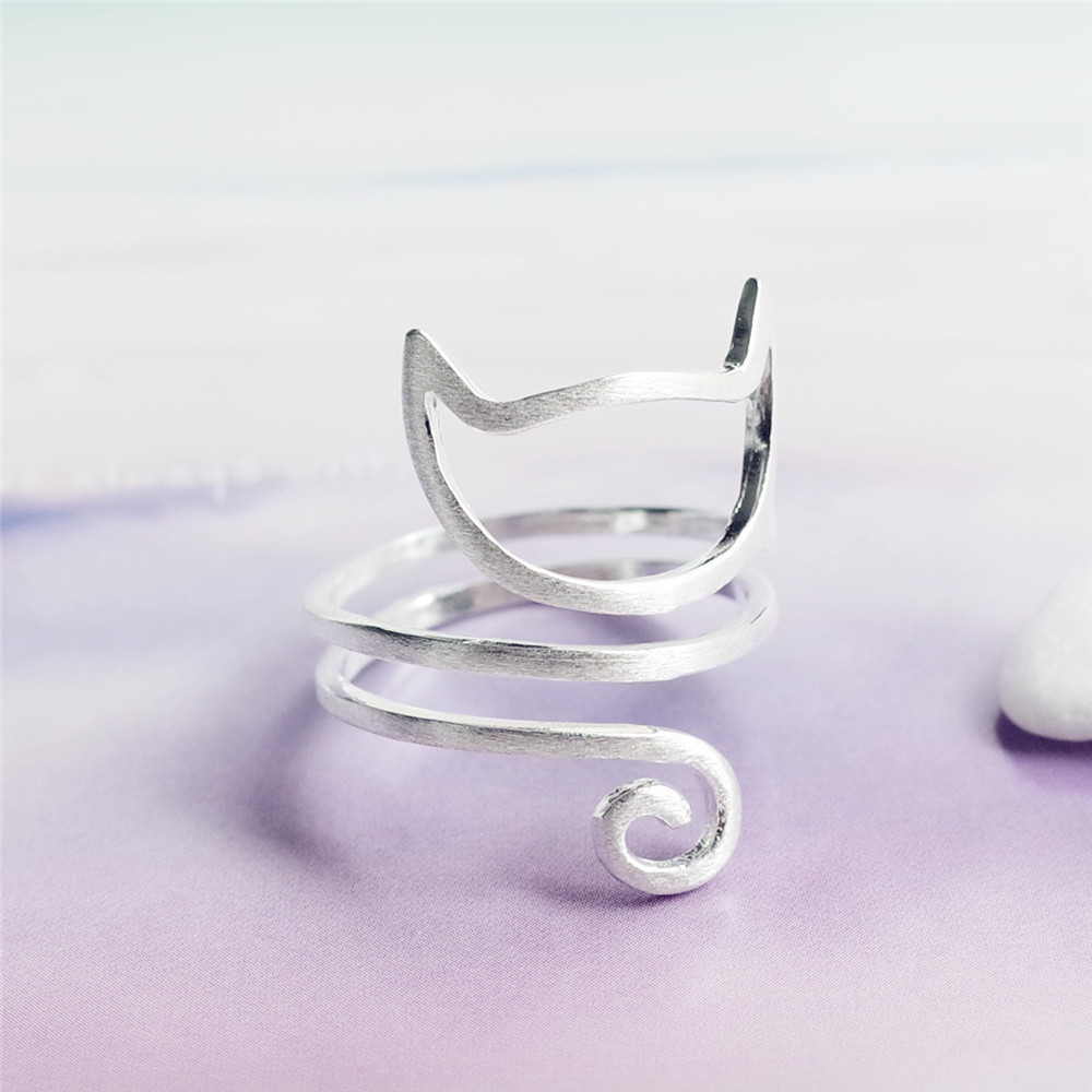 S925 Silver Winding Brushed Cute Cat Ring