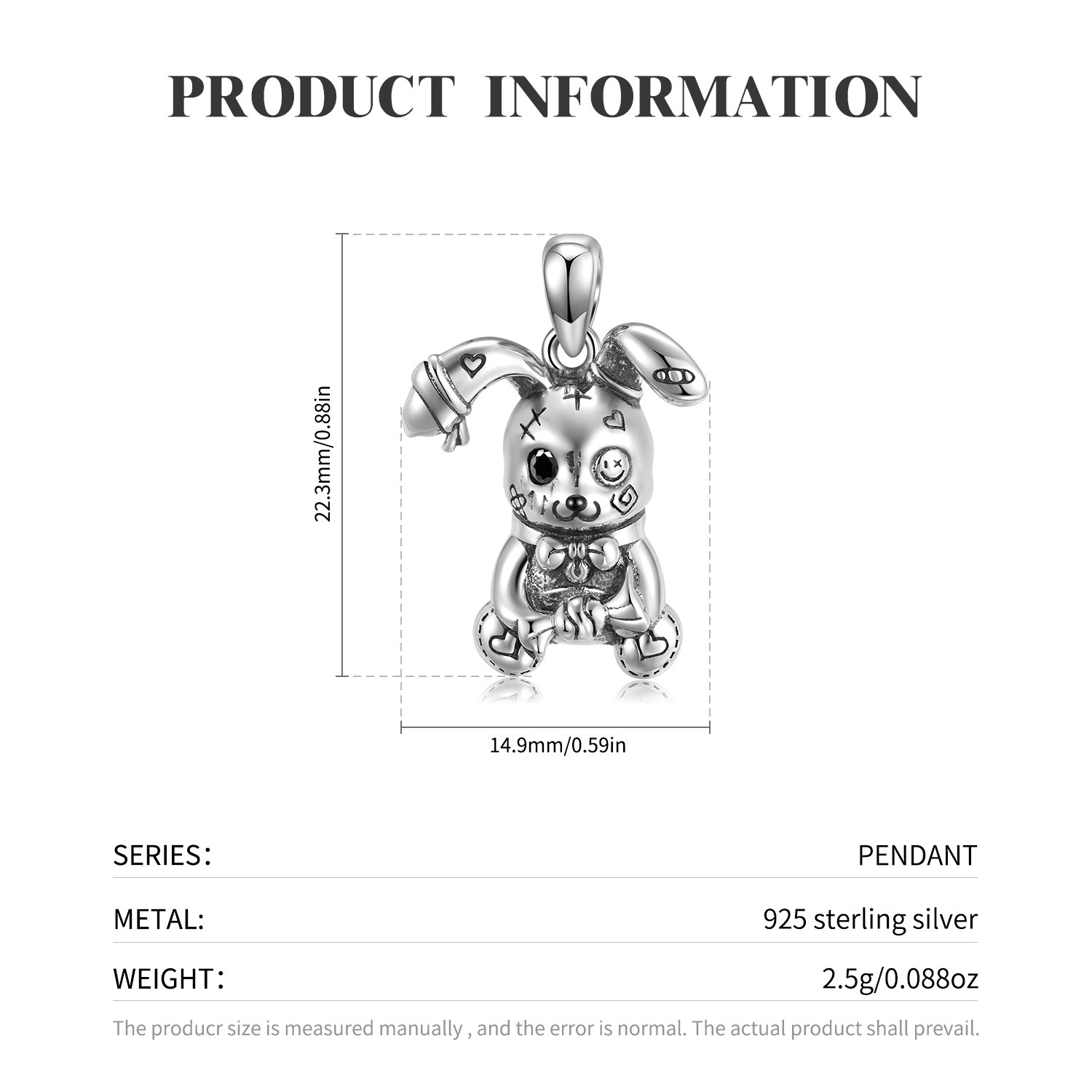 S925 Sterling Silver Creative Violence Doll Rabbit Pendant - Image 4